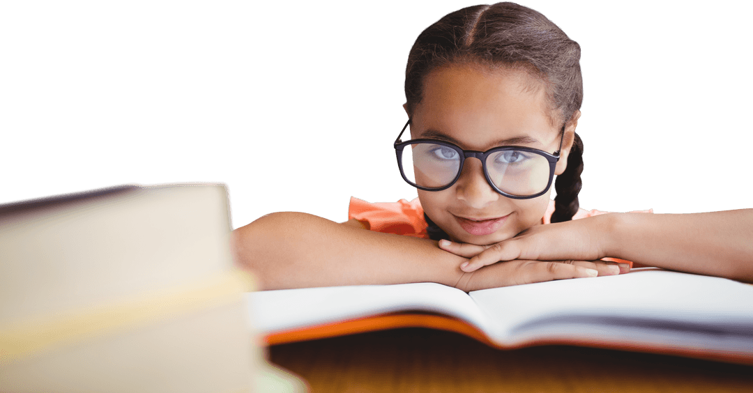 Caucasian Girl Wearing Glasses Reading Book with Transparent Background