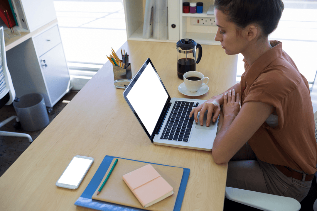 Transparent Workspace with Woman Typing on Laptop at Desk