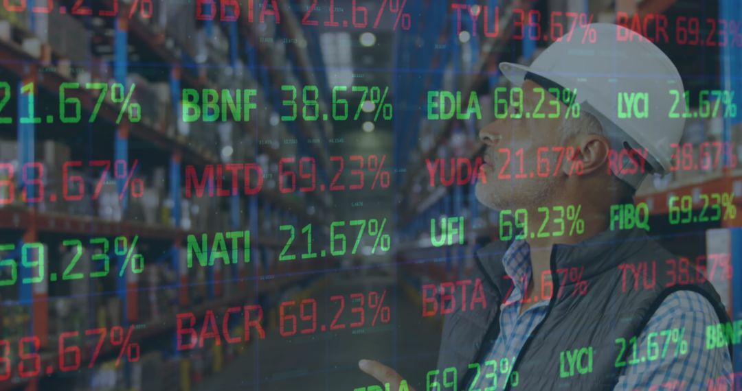 Warehouse Worker Analyzing Dynamic Financial Data Interface