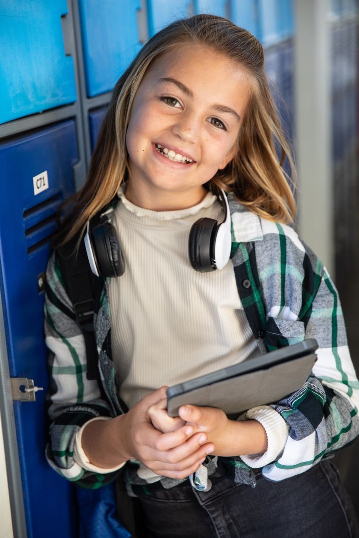Smiling Young Student with Tablet and Headphones by Lockers
