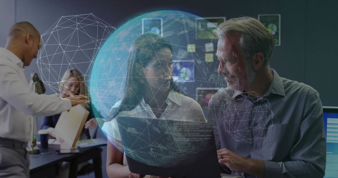 Business Team Analyzing Data with Digital Globe Interface