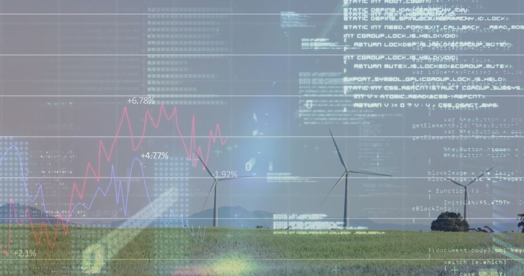 Wind Turbines in Digital Landscape Highlighting Renewable Energy and Data Innovation