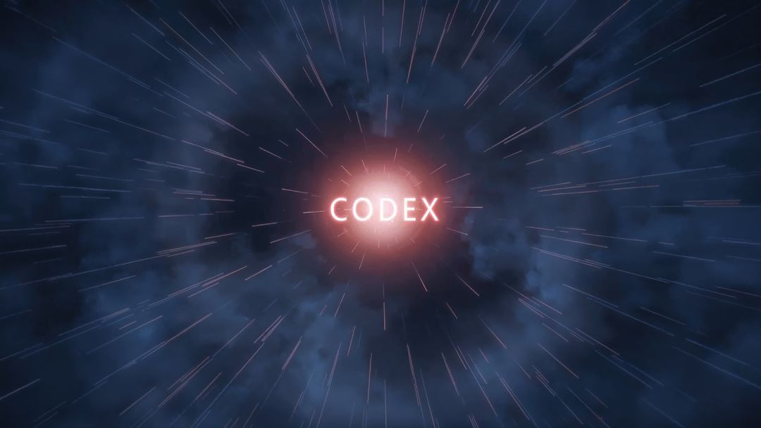Glowing Red Sphere in Deep Space with Futuristic Codex Text