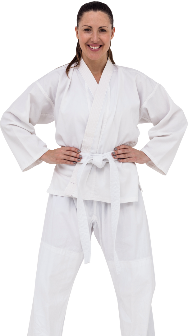 Confident Female Karate Athlete in White Gi Posing Proudly on Transparent Background - Download Free Stock Images Pikwizard.com