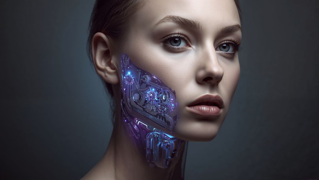 Futuristic woman revealing illuminated cybernetic jaw panel with gears and blue LEDs