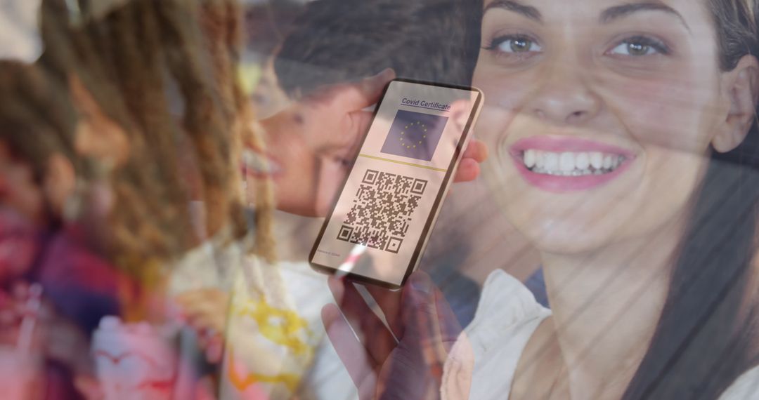 Woman Displaying Smartphone Vaccination QR Code Certificate