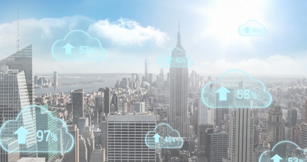 Digital Cloud Computing Interface Overlaying Urban Skyline