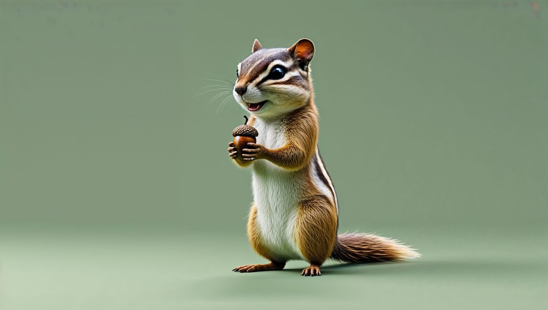 Realistic Chipmunk Holding Acorn on Green Background