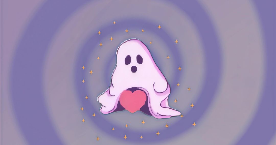 Charming Ghost with Heart Amidst Gold Sparkles on Spiral Background