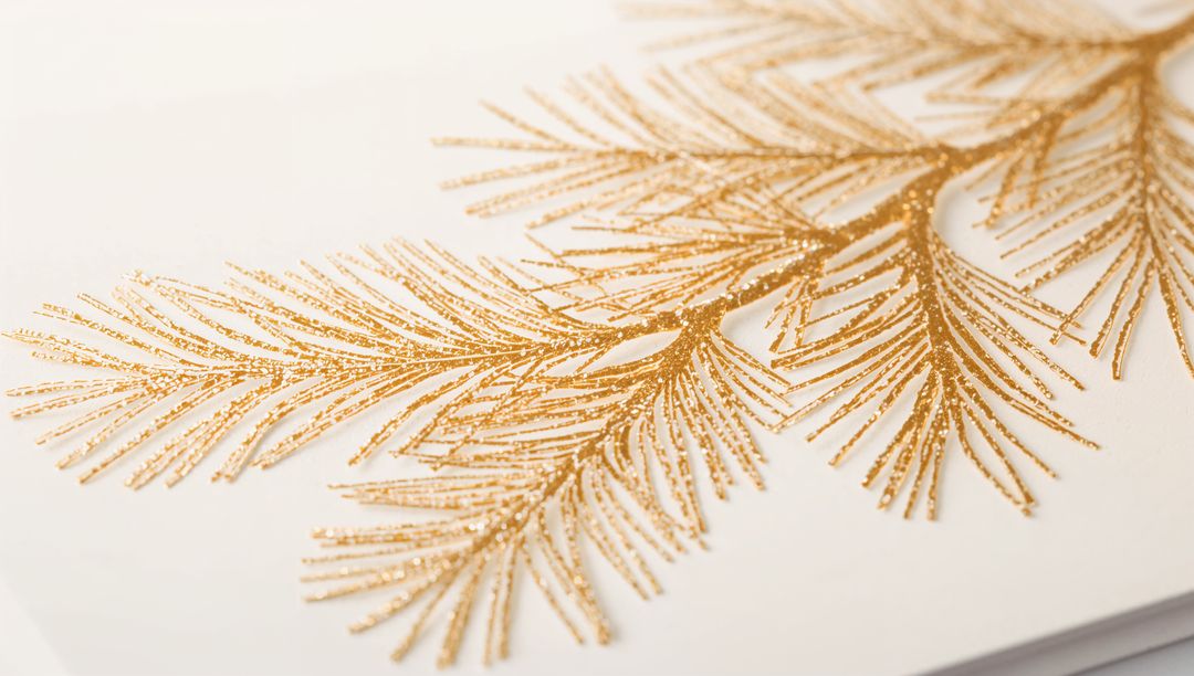 Shimmering Gold Glitter Pine-Needle Branch on White Cardstock Minimal Holiday Background