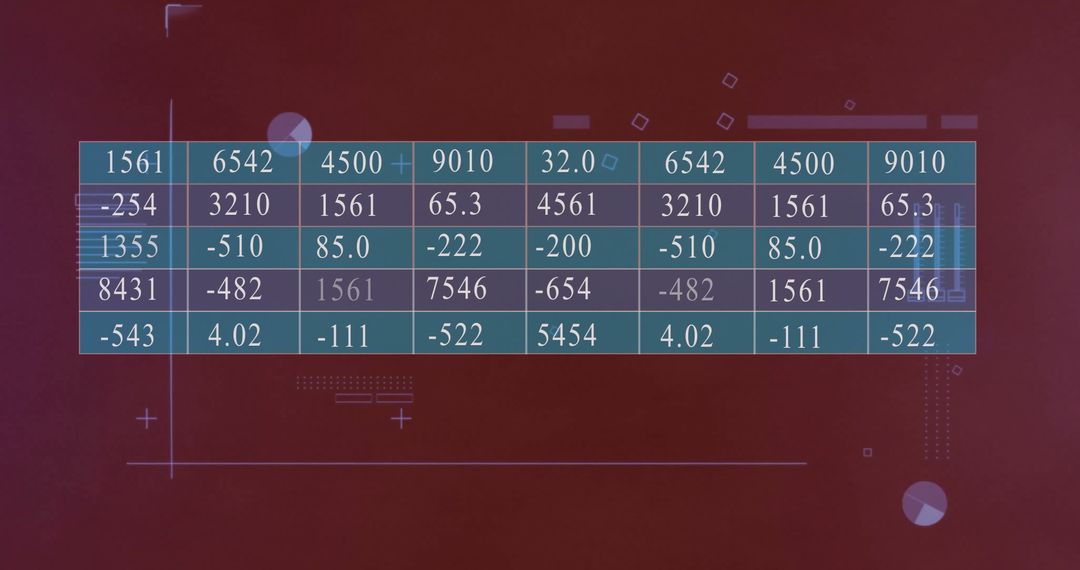 Data Table with Numerical Values Over Abstract Red Geometric Background