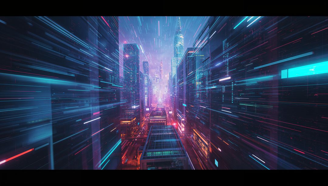 Futuristic Metropolis with Streaming Light Streaks and Holographic Displays