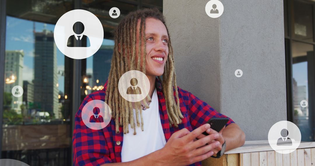 Smiling Woman Networking on Smartphone with Digital Connections Overlay