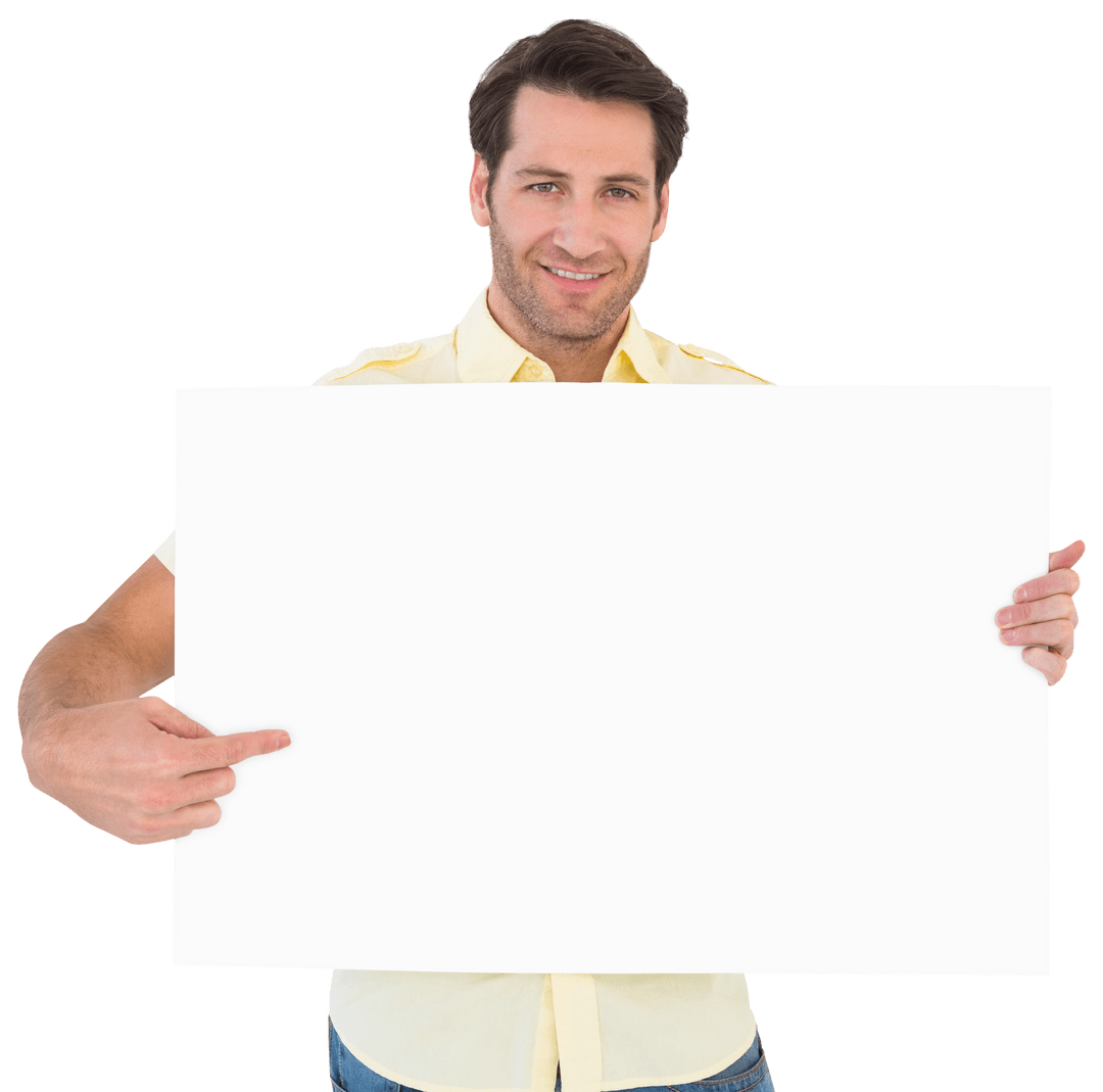 Smiling Man Holding Blank White Poster Transparent Background