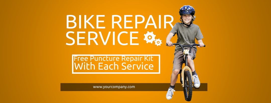 Boy riding bike against yellow bicycle repair service ad