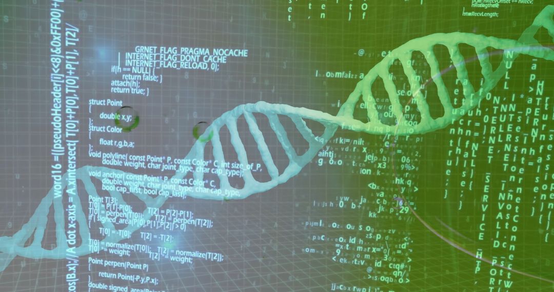 DNA Strand with Digital Data Interface on Green Background
