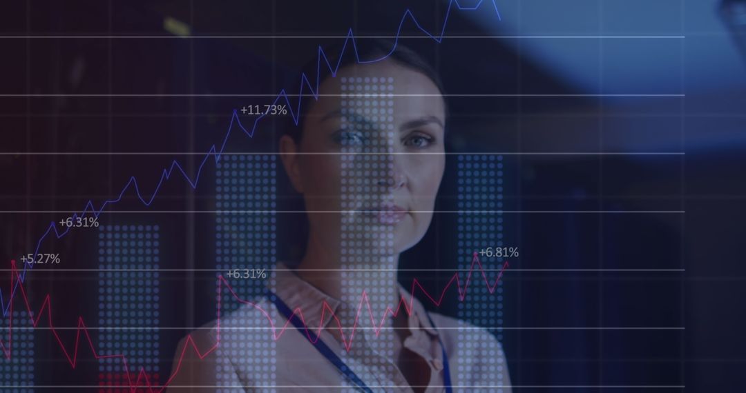 Female IT Engineer Analyzing Data Trends with Digital Overlay