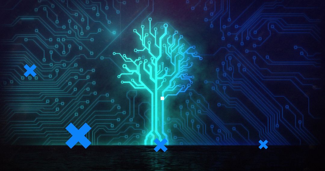 Futuristic Digital Circuit Tree with Blue Crosses