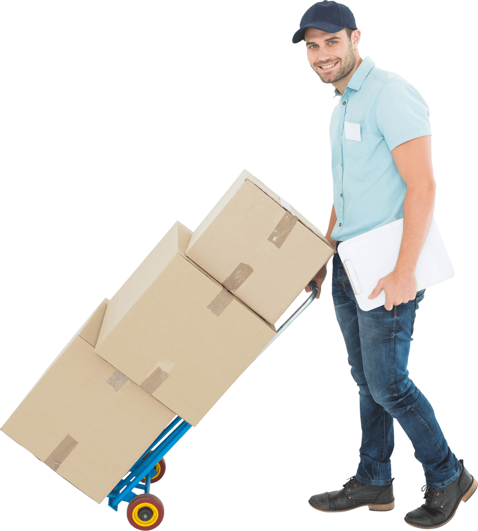 Transparent Delivery Man with Trolley of Boxes Smiling