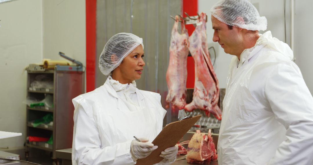 Butchers Discussing in Food Processing Plant - Free Images, Stock Photos and Pictures on Pikwizard.com