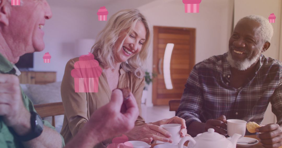 Joyful Seniors Enjoying Tea at Home with Cupcake Graphics