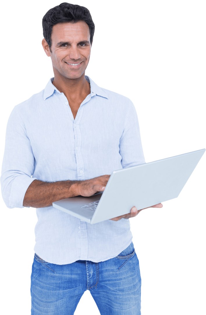 Confident Man Engaging with Laptop, Keep It Transparent