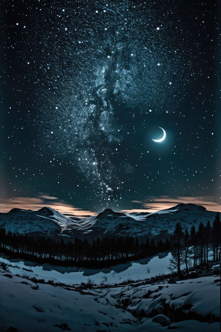 Starry skies and moon over mountains landscape at night, created using generative ai technology - Free Images, Stock Photos and Pictures on Pikwizard.com