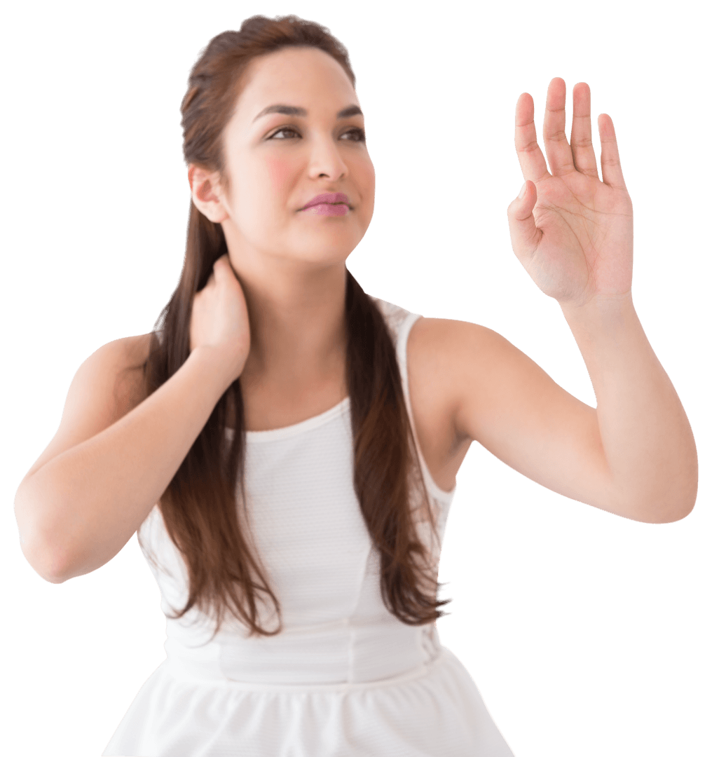 Transparent Thoughtful Brunette Extending Hand in Gesture