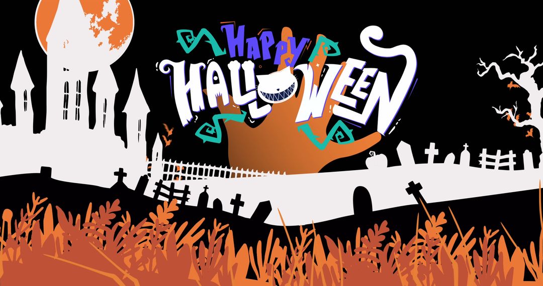 Spooky Halloween Banner with Graveyard and Castle Silhouette