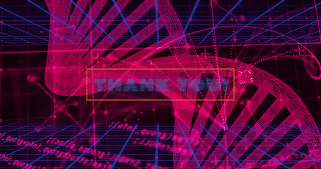 Neon DNA Helix Twisting Over Retro Grid THANK YOU Overlay Futuristic Data Visualization Wireframe