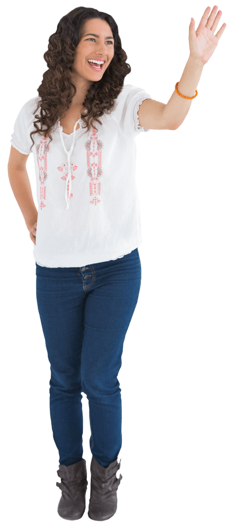 Transparent Cheerful Woman Waving in Casual Attire, Smiling Friendly Charm
