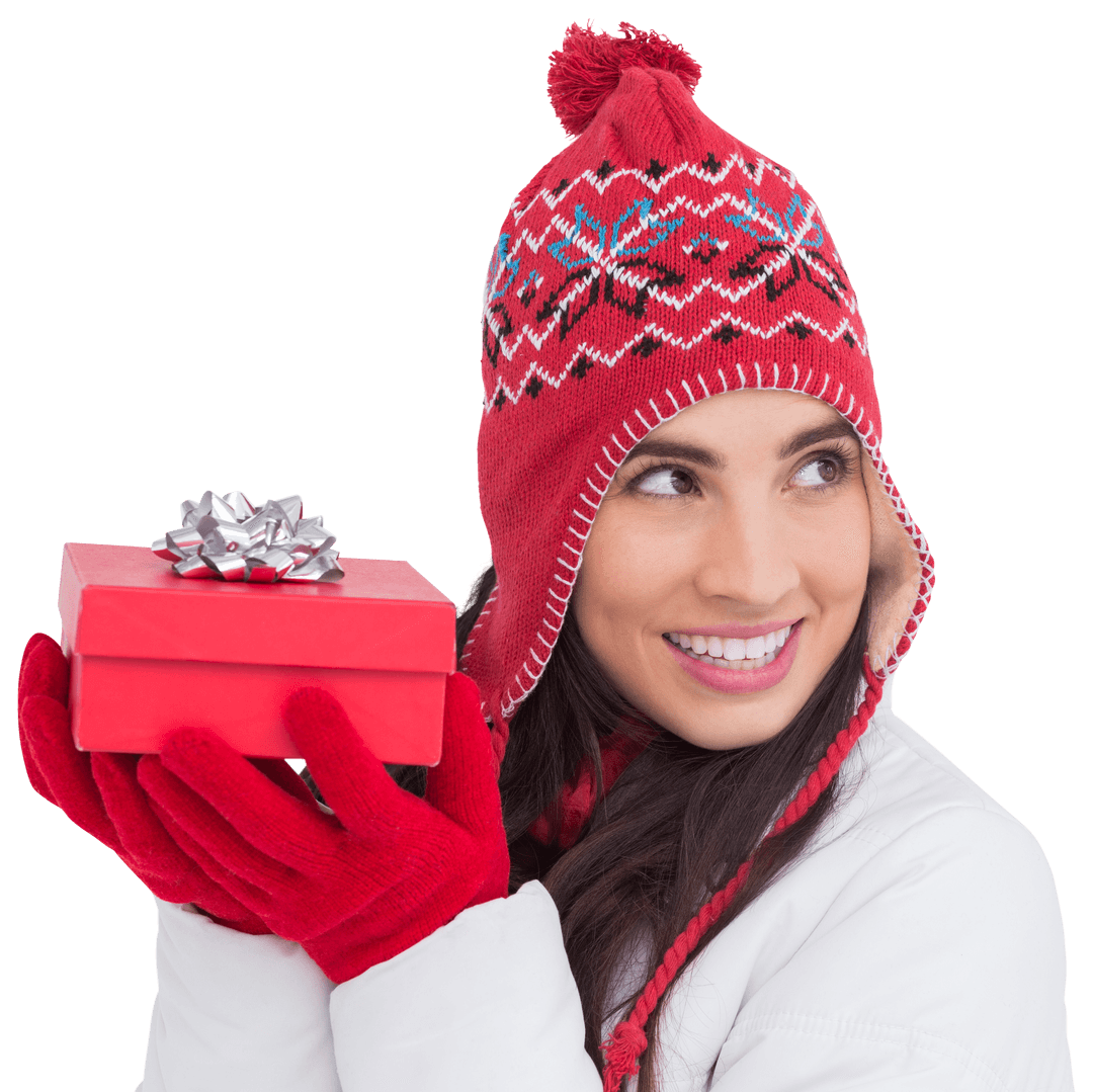 Smiling Woman in Red Hat Holding Christmas Gift Box Transparent Background