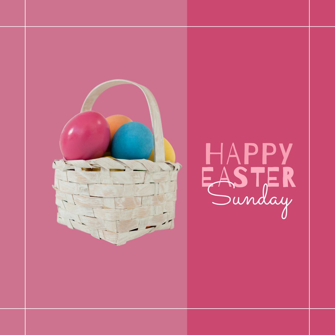 Colorful Easter Eggs in White Basket Over Pink Background