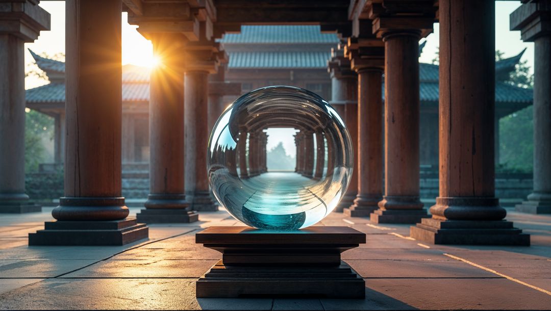 Reflective Sphere in Serene Temple Corridor at Sunset