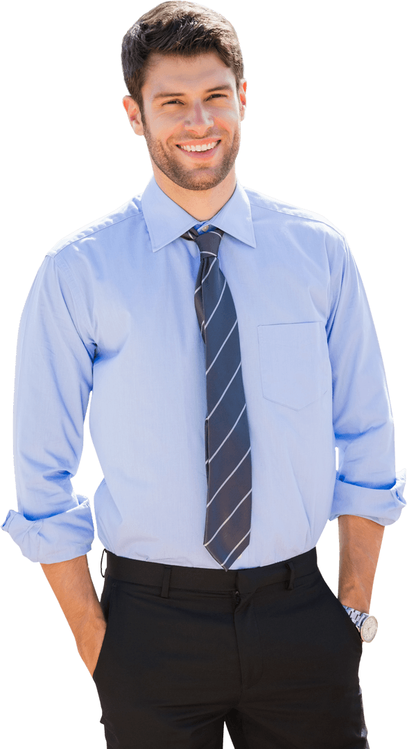 Motivated Businessman in Blue Shirt on Transparent Background for Design