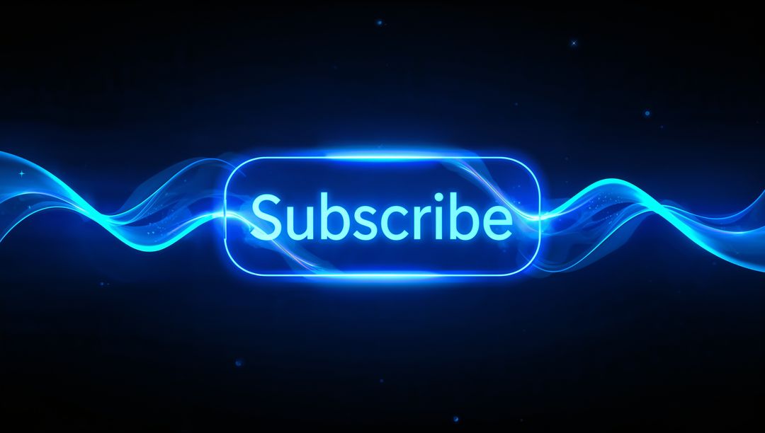 Glowing Neon Subscribe Button Floating on Blue Waveform with Sparkling Light Effects