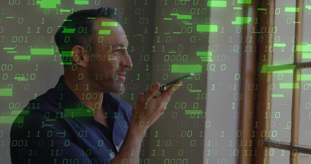 Man speaking into smartphone with green binary code overlay for voice AI and cybersecurity