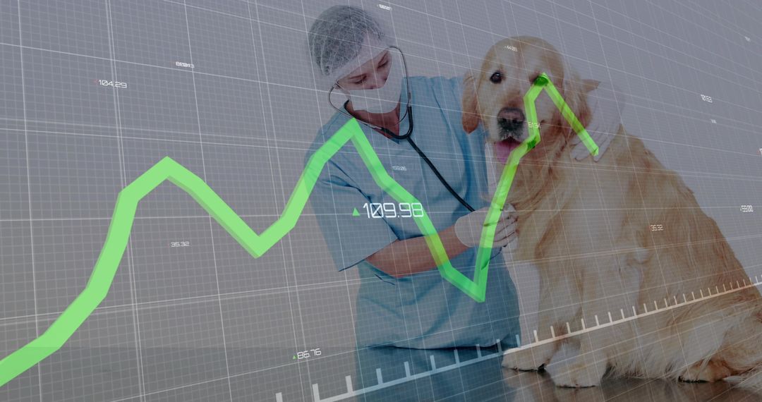 Veterinarian Using Stethoscope on Dog with Data Visualization Overlay