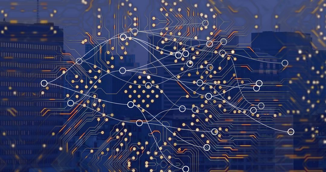 Digital Network Circuit Overlaying Urban Cityscape