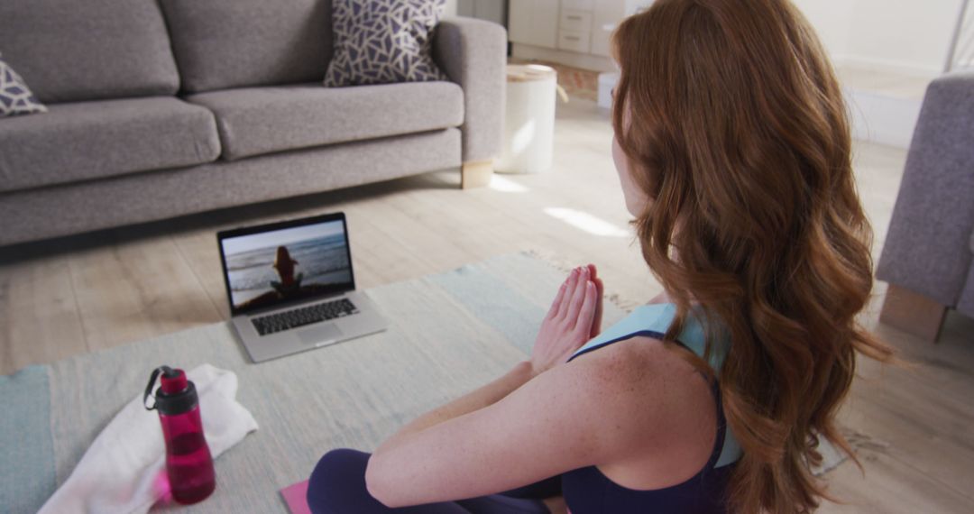 Woman Practicing Home Meditation with Online Yoga Class - Free Images, Stock Photos and Pictures on Pikwizard.com