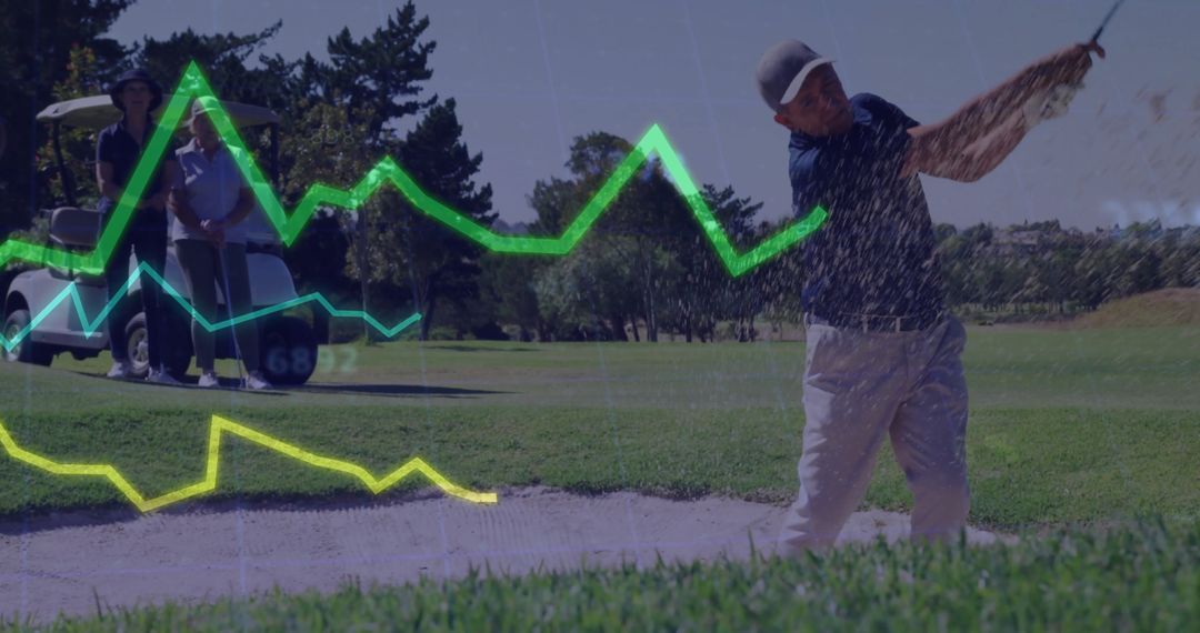 Golfer in Bunker Swinging Club with Digital Overlay on Fairway