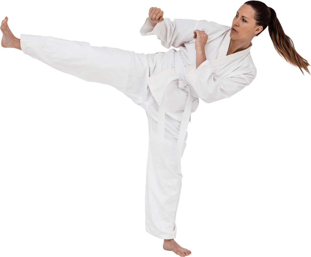 Karate Master Performing High Kick Pose on Transparent Background