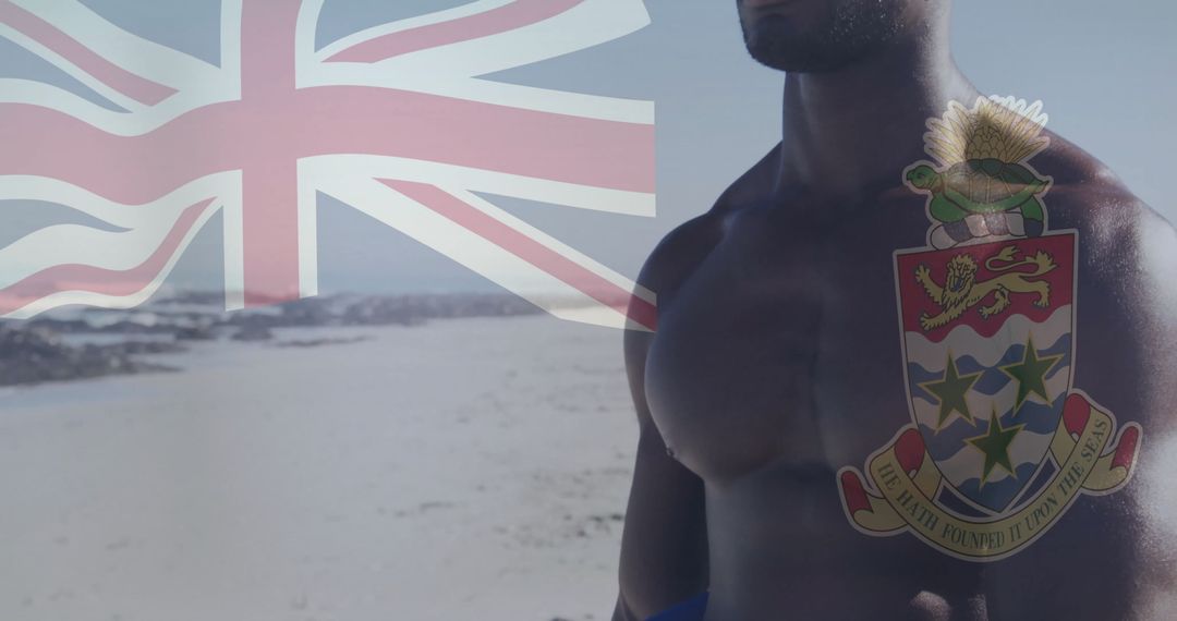Shirtless Model Flexing on Beach with Patriotic Union Jack Overlay