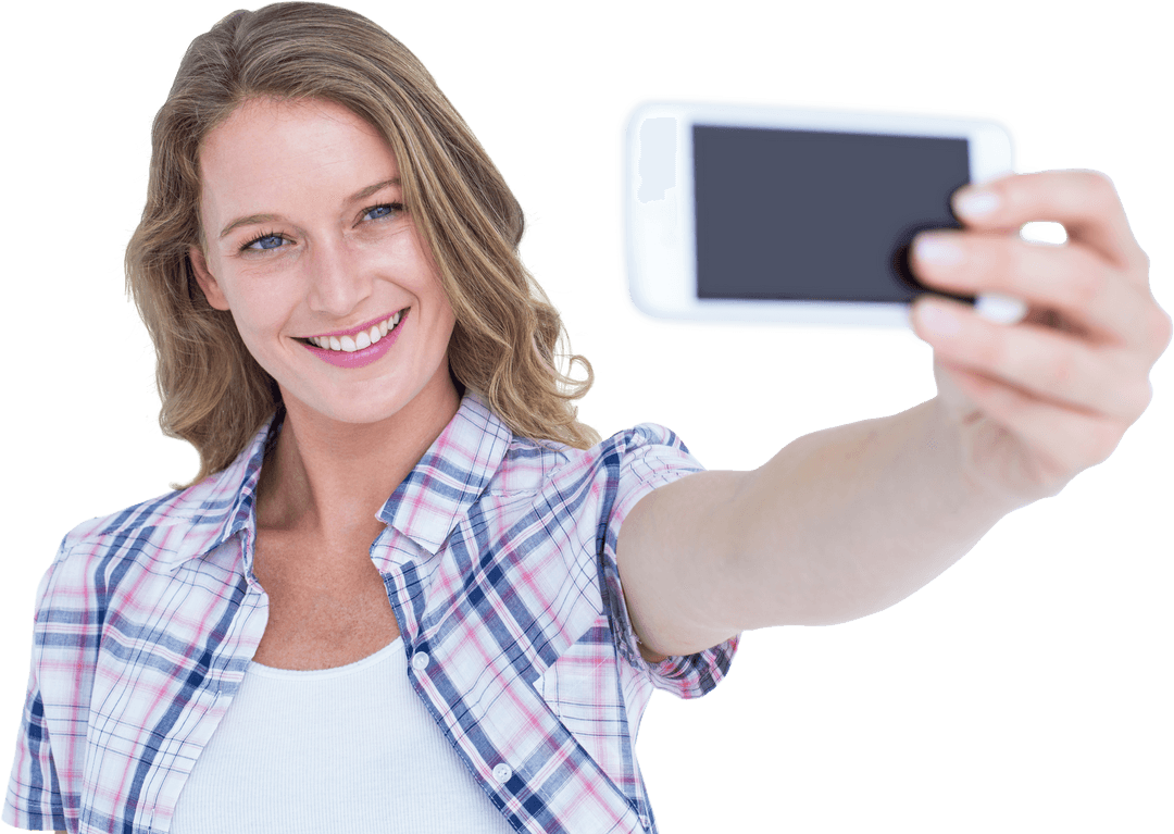 Smiling Woman in Plaid Taking Transparent Selfie with Smartphone
