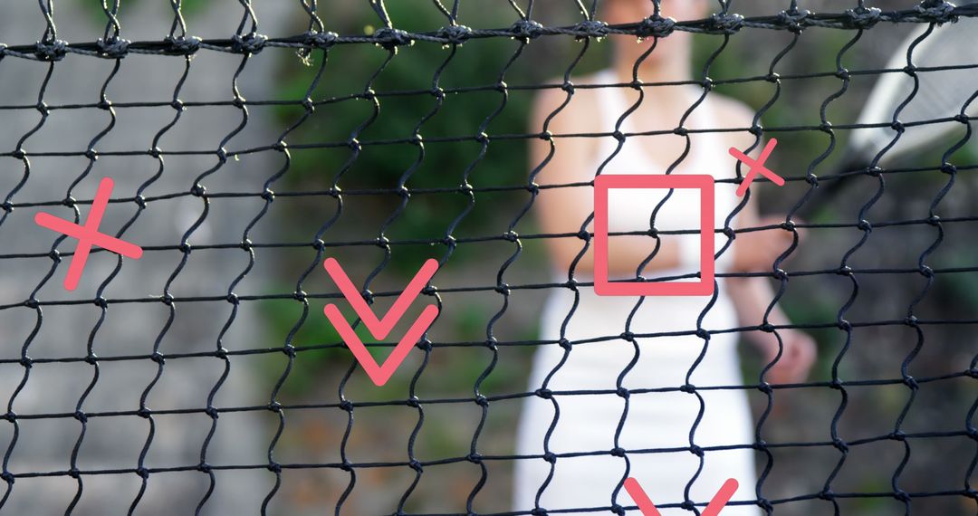 Dynamic Composition: Athlete Behind Netting with Geometric Graphics