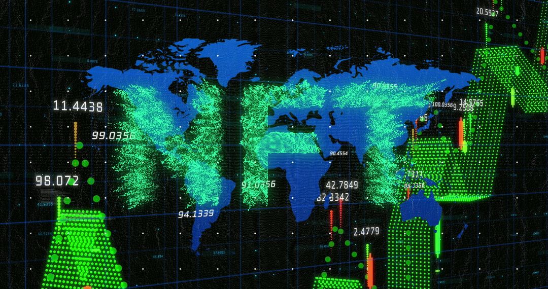 NFT Concept Illustration with Digital Data and World Map Overlay