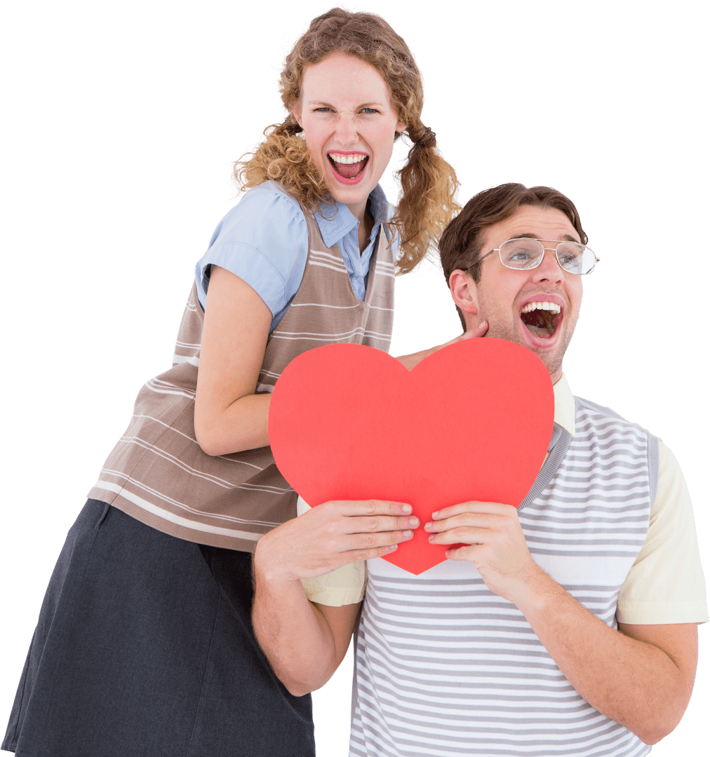 Transparent Background of Excited Geeky Couple Holding Heart