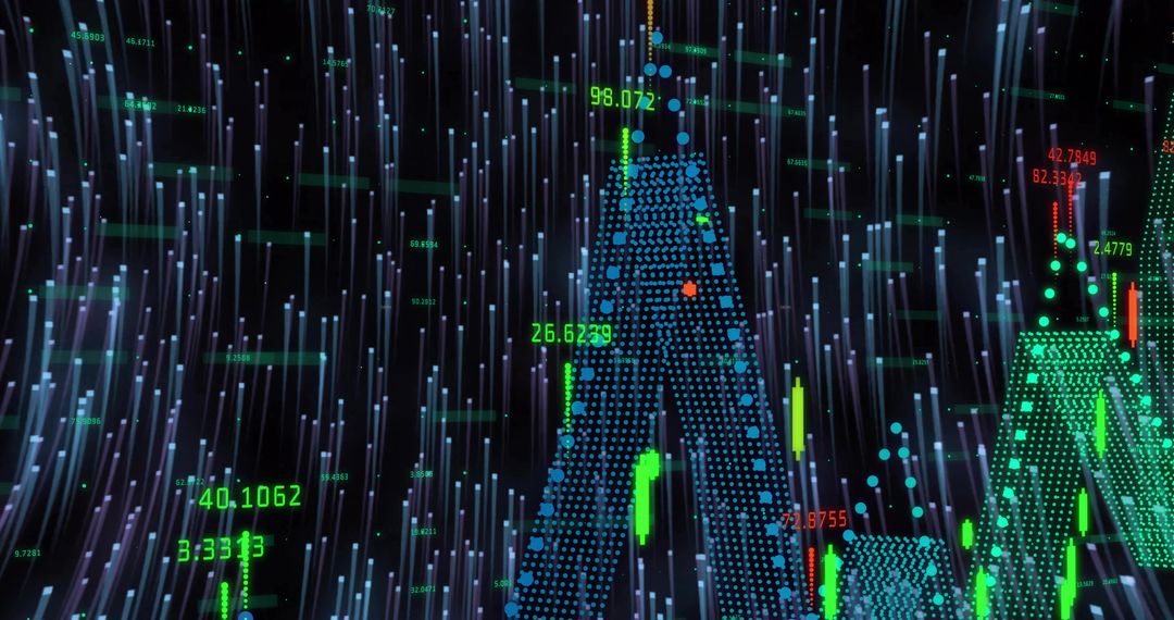 Holographic Point Cloud Peaks Representing Data Flow and Financial Analytics in Neon Grid