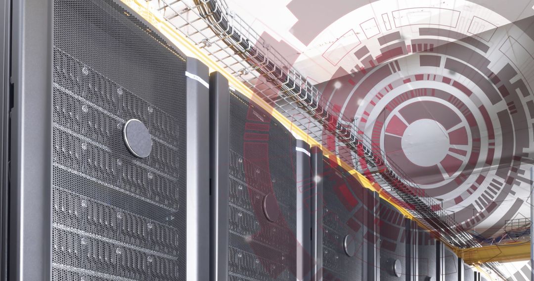 Technology Interface Overlaying Modern Server Room