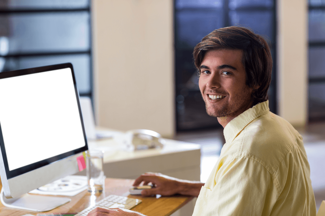 Smiling Young Professional Desk at Transparent Screen Workspace